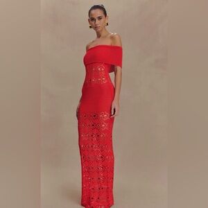 Meshki Red Strapless Crochet Maxi Dress